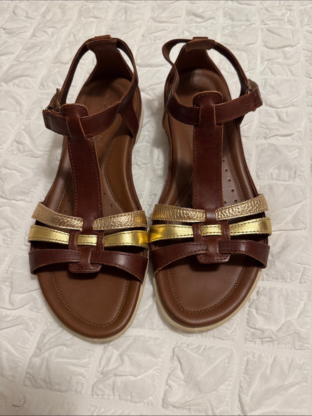 Ecco Brown Leather T-Strap Sandals with Gold Accents